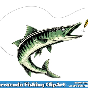 Barracuda Angeln Clipart. Handgezeichnete Vektorgrafik. AI. EPS. SVG. Pdf. Png und Jpg. Sublimation und kommerzielle Nutzung