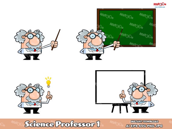 Science Professor Cartoon Character 1. Digital Clip Art Vector Graphic Illustrations Bundle Set. AI. EPS. SVG. Png and Jpg. Commercial Use