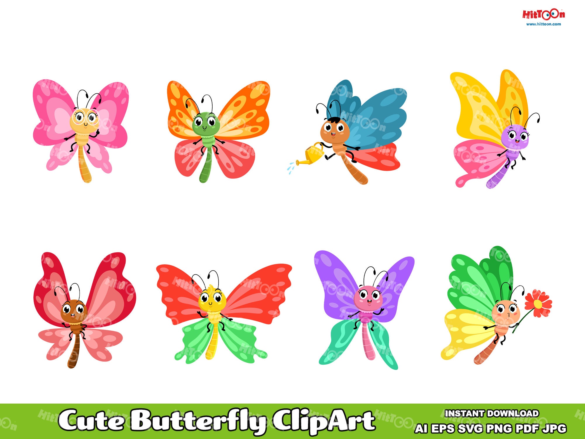 8 Cute Butterfly Cartoon Clip Art. Vector Graphic Illustrations Bundle Set.  AI. EPS. SVG. Pdf. Png and Jpg. Sublimation and Commercial Use, image size:2000x1500