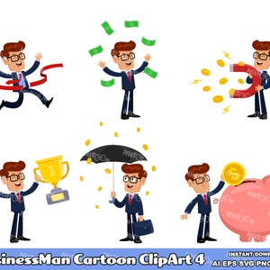 6 imágenes prediseñadas de dibujos animados de empresarios: diseño plano, paquete de gráficos vectoriales, Ai, Eps, Svg, Pdf, Png, Jpg, uso comercial