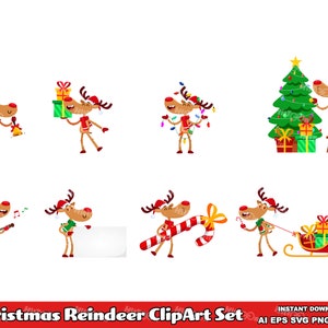 Conjunto de 8 imágenes prediseñadas de renos navideños - Paquete de gráficos vectoriales digitales - Ai, Eps, Svg, Pdf, Png, Jpg - Uso comercial gratuito