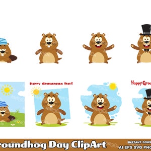 8 Groundhog Day Cartoon Clipart - Flat Design Vector Graphic Bundle - Ai, Eps, Svg, Pdf, Png, Jpg - Free Commercial Use