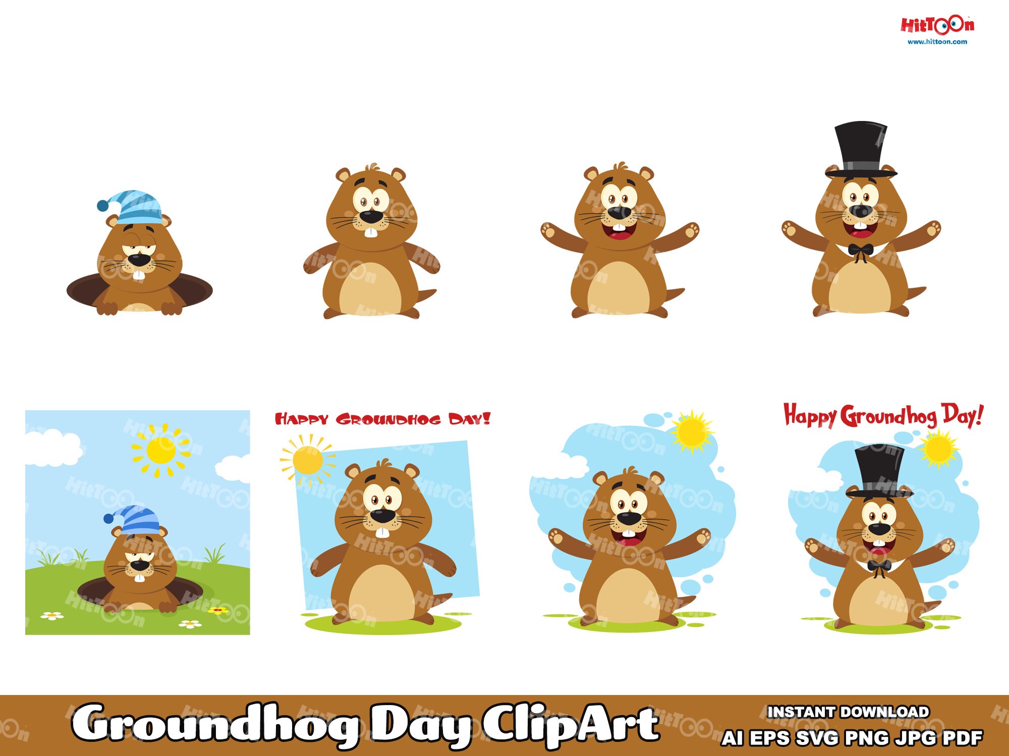 8 Groundhog Day Cartoon Clipart - Flat Design Vector Graphic Bundle - Ai, Eps, Svg, Pdf, Png, Jpg - Free Commercial Use