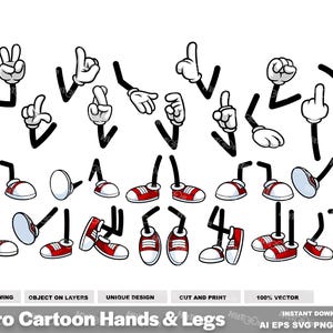Puede incluir: Una colección de manos y piernas de dibujos animados retro en varias poses. Las manos son blancas con contornos negros, y las piernas presentan zapatillas rojas y blancas. Incluye el texto "Retro Cartoon Hands & Legs".