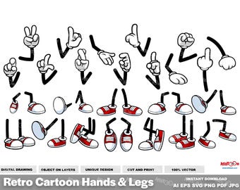 Retro Cartoon Hands and Legs Clipart – Funny Character Parts – Free Commercial Use