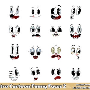 16 Retro Cartoon Funny Faces 2. Digital Clip Art Vector Graphic Illustrations Bundle Set. AI. EPS. SVG. Png and Jpg. Commercial Use