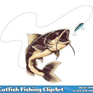 Clipart di pesca al pesce gatto - Illustrazioni grafiche vettoriali disegnate a mano - Ai, Eps, Svg, Pdf, Png, Jpg - Uso commerciale gratuito