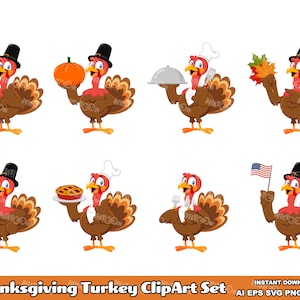Conjunto de 8 imágenes prediseñadas de pavo de Acción de Gracias - Paquete de gráficos vectoriales digitales - Ai, Eps, Svg, Pdf, Png, Jpg - Uso comercial gratuito