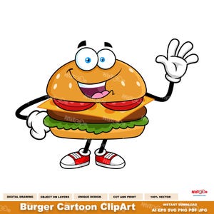 ハンバーガーの漫画クリップアート - デジタルクリップアートベクターグラフィックイラスト - Ai、EPS、SVG、PDF、Png、Jpg - 昇華転写と無料商用利用
