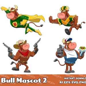 Bull Cartoon Mascot Character 2. Digital Clip Art Vector Graphic Illustrations Bundle Set. AI. EPS. SVG. Png and Jpg. Commercial Use