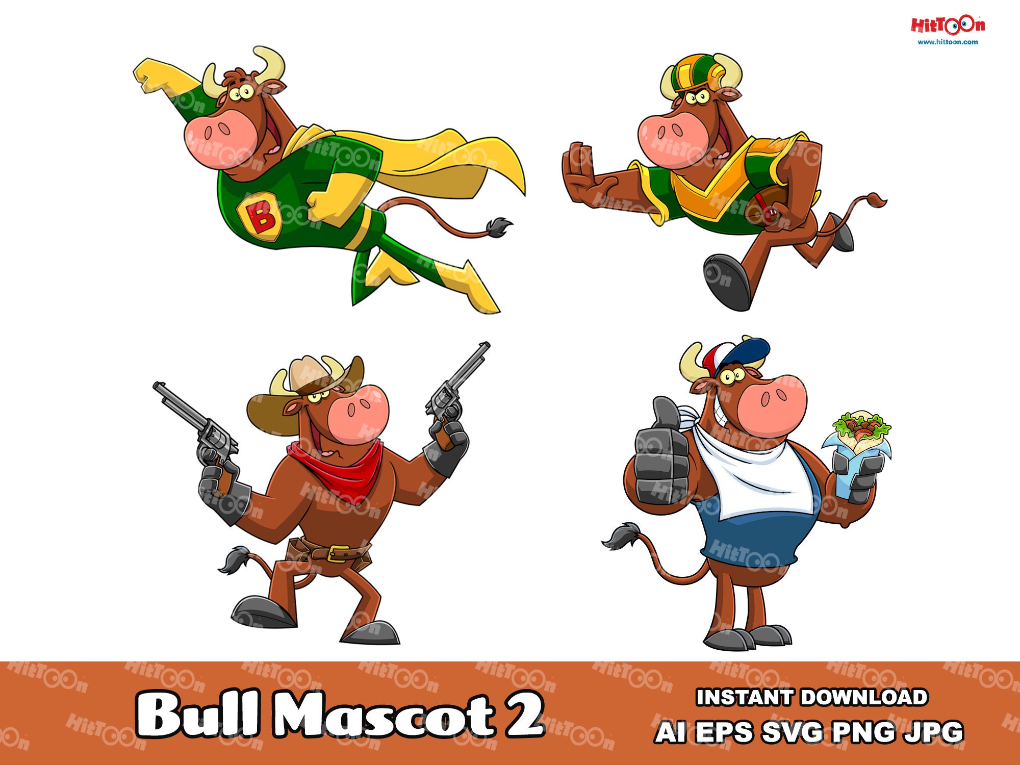 Bull Cartoon Mascot Character 2. Digital Clip Art Vector Graphic Illustrations Bundle Set. AI. EPS. SVG. Png and Jpg. Commercial Use