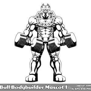 Pitbull Bodybuilder Cartoon Maskottchen - Handgezeichnete Vektorgrafik Illustrationen - Ai, Eps, svg, Pdf, Png, Jpg - freie kommerzielle Nutzung