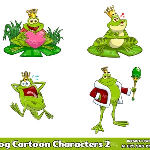 Personajes de mascota de dibujos animados de ranas 2. Conjunto de ilustraciones vectoriales digitales. AI, EPS, SVG, PNG y Jpg. Uso comercial.
