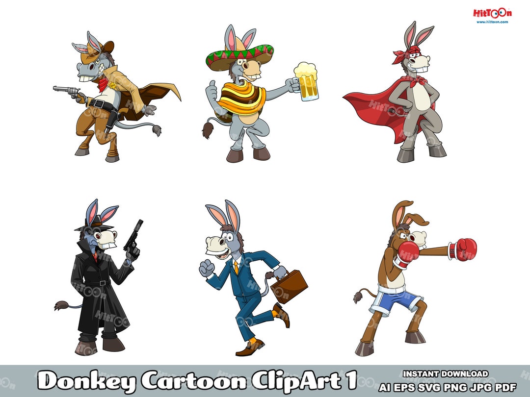 6 Donkey Cartoon Clipart 1. Hand Drawn Digital Vector Graphic ...