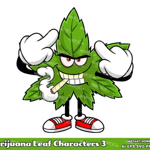 Personajes de dibujos animados de hojas de marihuana - Paquete de gráficos vectoriales digitales (AI, EPS, SVG, PNG, JPG) - Uso comercial gratuito