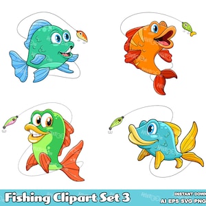 Fishing Clipart Set 3. Hand Drawn Cartoon Vector Illustrations Bundle. AI. EPS. SVG. PDf. Png and Jpg. Sublimation and Commercial Use