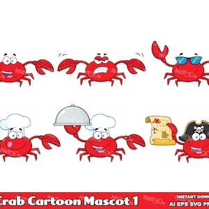 6 Crab Cartoon Mascot Characters - Digital Clipart Vector Graphic Bundle - Ai, Eps, Svg, Png, Jpg - Free Commercial Use