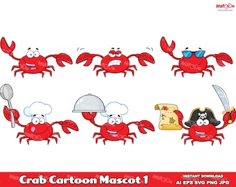 6 Crab Cartoon Mascot Characters - Digital Clipart Vector Graphic Bundle - Ai, Eps, Svg, Png, Jpg - Free Commercial Use