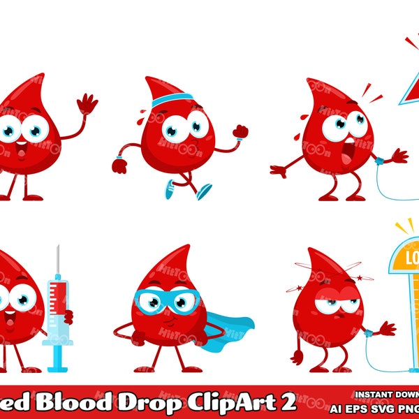 Red Blood Drop ClipArt 2. Flat Design. Vector Graphic Illustrations Bundle Set. AI. EPS. SVG. PDf. Png and Jpg. Sublimation Commercial Use