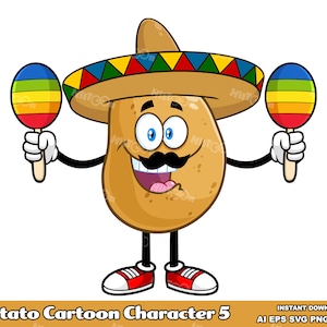 Potato Cartoon Mascot Character 5. Digital Clip Art Vector Graphic Illustrations Bundle Set. AI. EPS. SVG. PDf. Png and Jpg. Commercial Use
