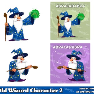 Old Magier Maskottchen Zeichentrickfigur – Vektor Clip Art Illustrationen Bündel – Ai, Eps, SVG, Png, Jpg – Freie kommerzielle Nutzung
