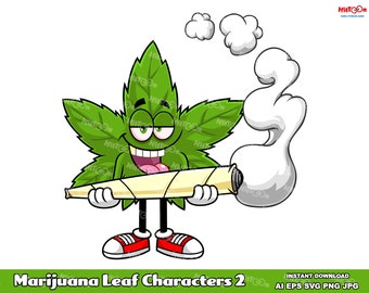 Marijuana Leaf Cartoon Characters - Digital Clipart Vector Graphic Bundle - Ai, Eps, Svg, Png, Jpg - Free Commercial Use