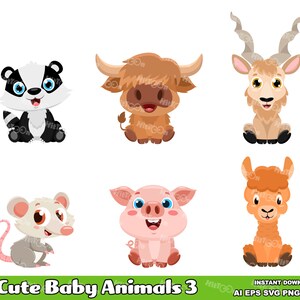 6 adorables animales bebés. 3 ilustraciones gráficas vectoriales. Conjunto de imágenes prediseñadas. AI. EPS. SVG. Pdf. Png y Jpg. Sublimación y uso comercial.