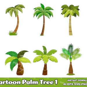 6 Cartoons Tropical Palm Tree 1. Digital Clip Art Vector Graphic Illustrations Bundle Set. AI. EPS. SVG. Png and Jpg. Commercial Use