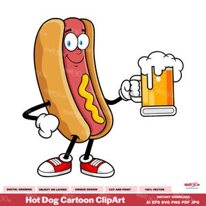 Hot Dog Cartoon Clipart - Digital Clipart Vector Graphic Illustrations - Ai, Eps, Svg, Pdf, Png, Jpg - Free Commercial Use