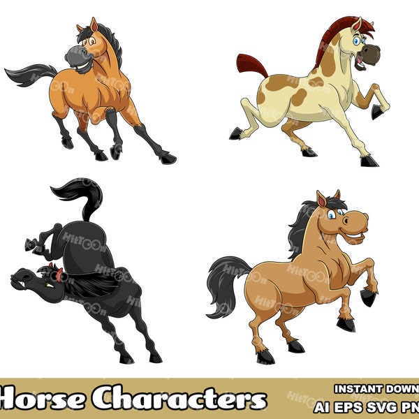 Horse Cartoon Mascot Characters. Digital Clip Art Vector Graphic Illustrations Bundle Set. AI. EPS. SVG. Png and Jpg. Commercial Use