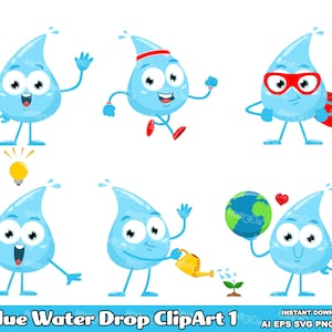 6 Blue Water Drop Cartoon Clipart - Flat Design Vector Graphic Bundle - Ai, Eps, Svg, Pdf, Png, Jpg - Free Commercial Use