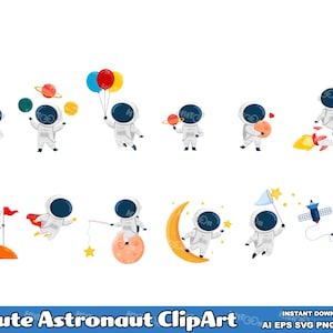 12 adorables imágenes prediseñadas de astronautas: paquete de ilustraciones vectoriales (AI, EPS, SVG, PDF, PNG, JPG) para uso comercial gratuito.