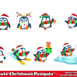 8 Cute Christmas Penguin ClipArt Set. Digital Clip Art. Vector Graphic Illustrations Bundle Set. AI. EPS. SVG. Png and Jpg. Commercial Use