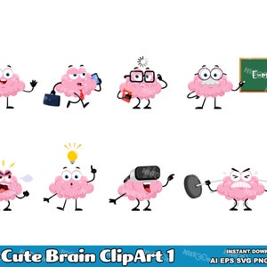 8 Cute Brain ClipArt 1 – Flat Design Vector Graphic Illustrations Bundle – Ai, Eps, Svg, Pdf, Png, Jpg – Free Commercial Use