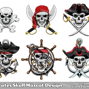 6 Pirate Skull Mascot Designs – Digital Clip Art Vector Graphic Illustrations Bundle Set – Ai, Eps, Svg, Png, Jpg – Free Commercial Use