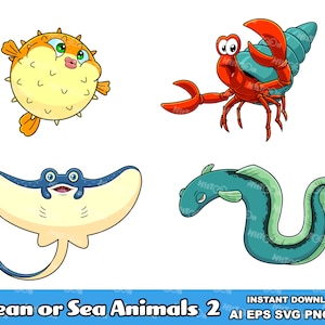 Ocean Or Sea Animals Cartoon Characters 2. Digital Clip Art Vector Graphic Illustrations Bundle. AI. EPS. SVG. Png and Jpg. Commercial Use