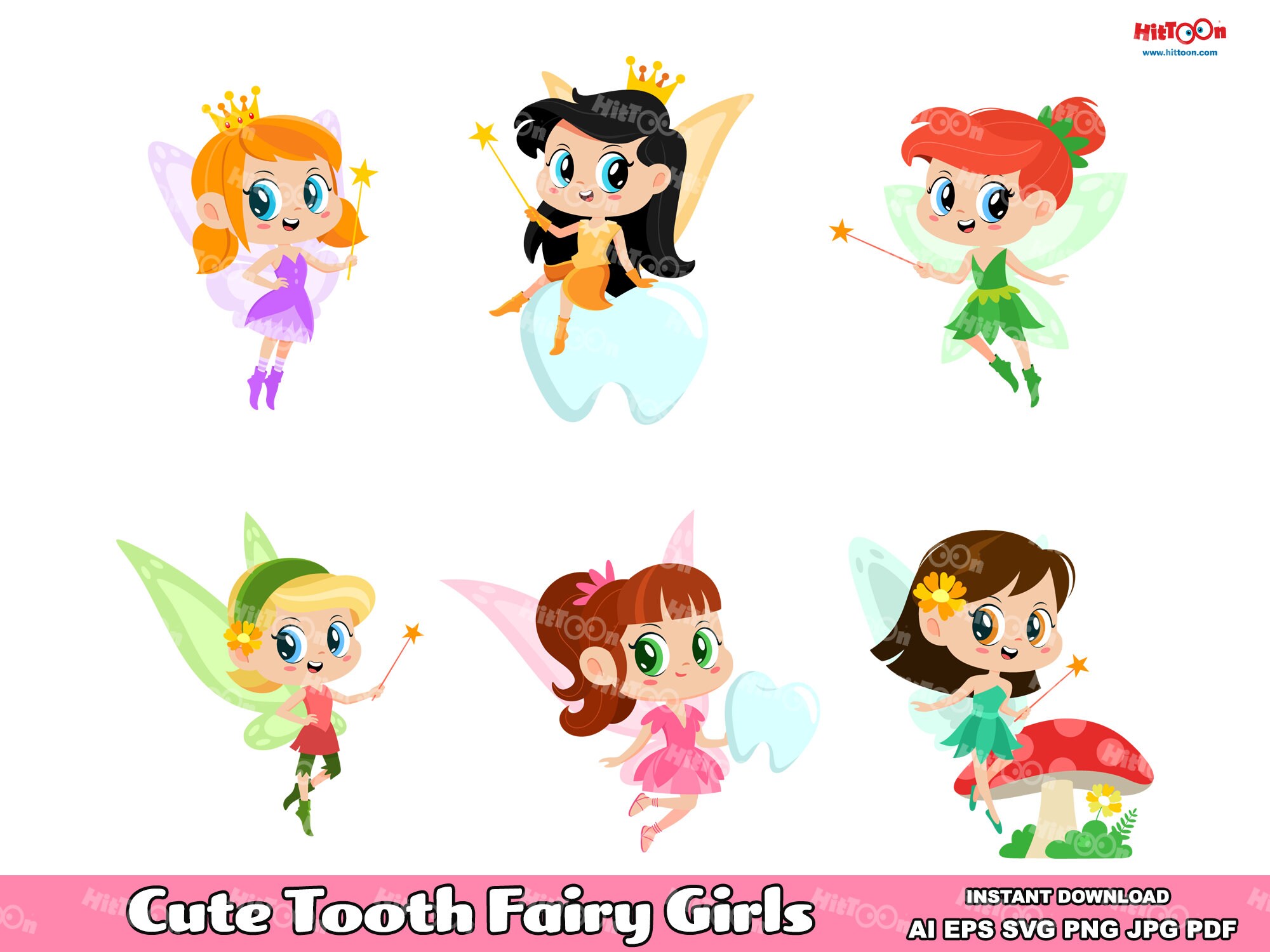 6種類のかわいい歯の妖精の女の子向け漫画クリップアート。ベクターグラフィックイラスト集。AI、EPS、SVG、PDF、Png、Jpg。商用利用可能 -  Etsy 日本, image size:2000x1500
