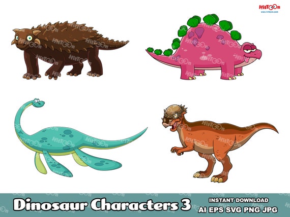 Dinosaur Cartoon Mascot Characters 3. Digital Clip Art Vector Graphic Illustrations Bundle Set. AI. EPS. SVG. Png and Jpg. Commercial Use