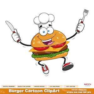 ハンバーガーの漫画クリップアート - デジタルクリップアートベクターグラフィックイラスト - Ai、EPS、SVG、PDF、Png、Jpg - 昇華転写と無料商用利用