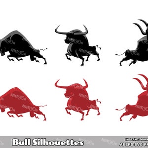 6 Silhouette di Toro - Design Grafico - Pacchetto di Illustrazioni Vettoriali Clip Art Digitali - Ai, Eps, Svg, Png, Jpg - Uso Commerciale Gratuito