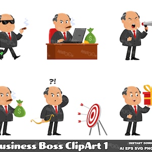 6 Business Boss Cartoon ClipArt 1. Vector Graphic Illustrations Bundle Set. AI. EPS. SVG. PDf. Png and Jpg. Sublimation Commercial Use