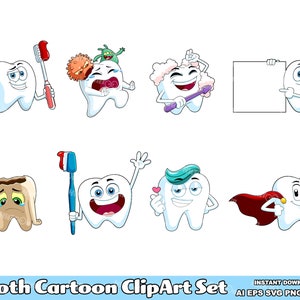 8 Tooth Cartoon Clipart Set - Digital Vector Hand Drawn Graphic Bundle - Ai, Eps, Svg, Png, Jpg - Commercial Use