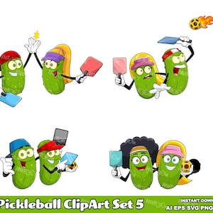 Pickleball Cartoon Clipart - Hand Drawn Vector Graphic Illustrations Bundle - Ai, Eps, Svg, Pdf, Png, Jpg - Free Commercial Use