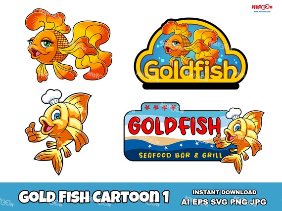 Gold Fish Or Goldfish Cartoon Character Logo Mascot Design 1.  Clip Art Vector Illustrations Set in AI. EPS. SVG. Digital Png and Jpg
