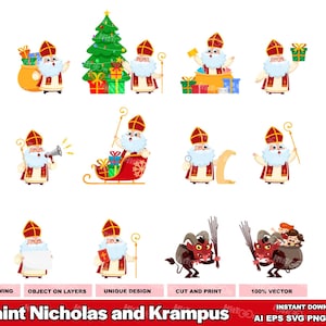 12 Nikolaus und Krampus. Digitale Vektorgrafik Illustrationen Bundle Set. AI. EPS. SVG. Pdf. Png und Jpg. Kommerzielle Nutzung