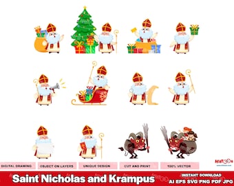 12 Saint Nicholas and Krampus. Digital Vector Graphic Illustrations Bundle Set. AI. EPS. SVG. Pdf. Png and Jpg. Commercial Use