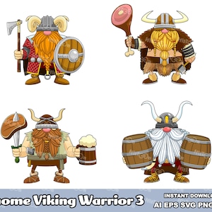 Gnome Viking Warrior Cartoon Characters 3. Digital Clip Art Vector Graphic Illustrations Bundle. AI. EPS. SVG. Png and Jpg. Commercial Use