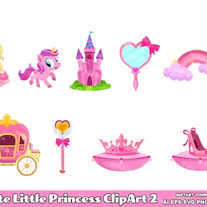 9 lindas princesitas ClipArt 2. Diseño plano. Conjunto de ilustraciones gráficas vectoriales. AI. EPS. SVG. PDf. Png y Jpg. Uso comercial