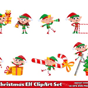 8 Christmas Elf ClipArt Set. Flat Design. Digital Vector Graphic Illustrations Bundle Set. AI. EPS. SVG. Png and Jpg. Commercial Use