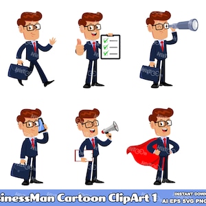 6 Businessman Cartoon Clipart - Flat Design Vector Graphic Bundle - Ai, Eps, Svg, Pdf, Png, Jpg - Free Commercial Use
